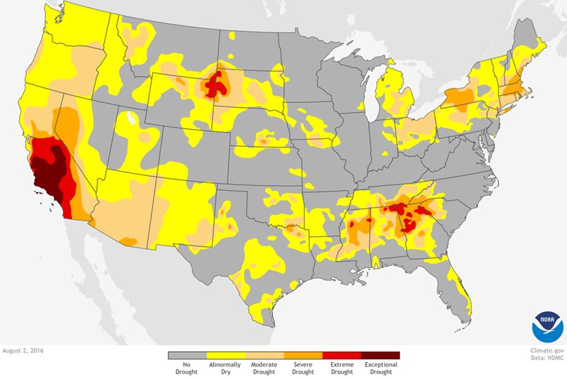 Map of United States indicating drought severity.