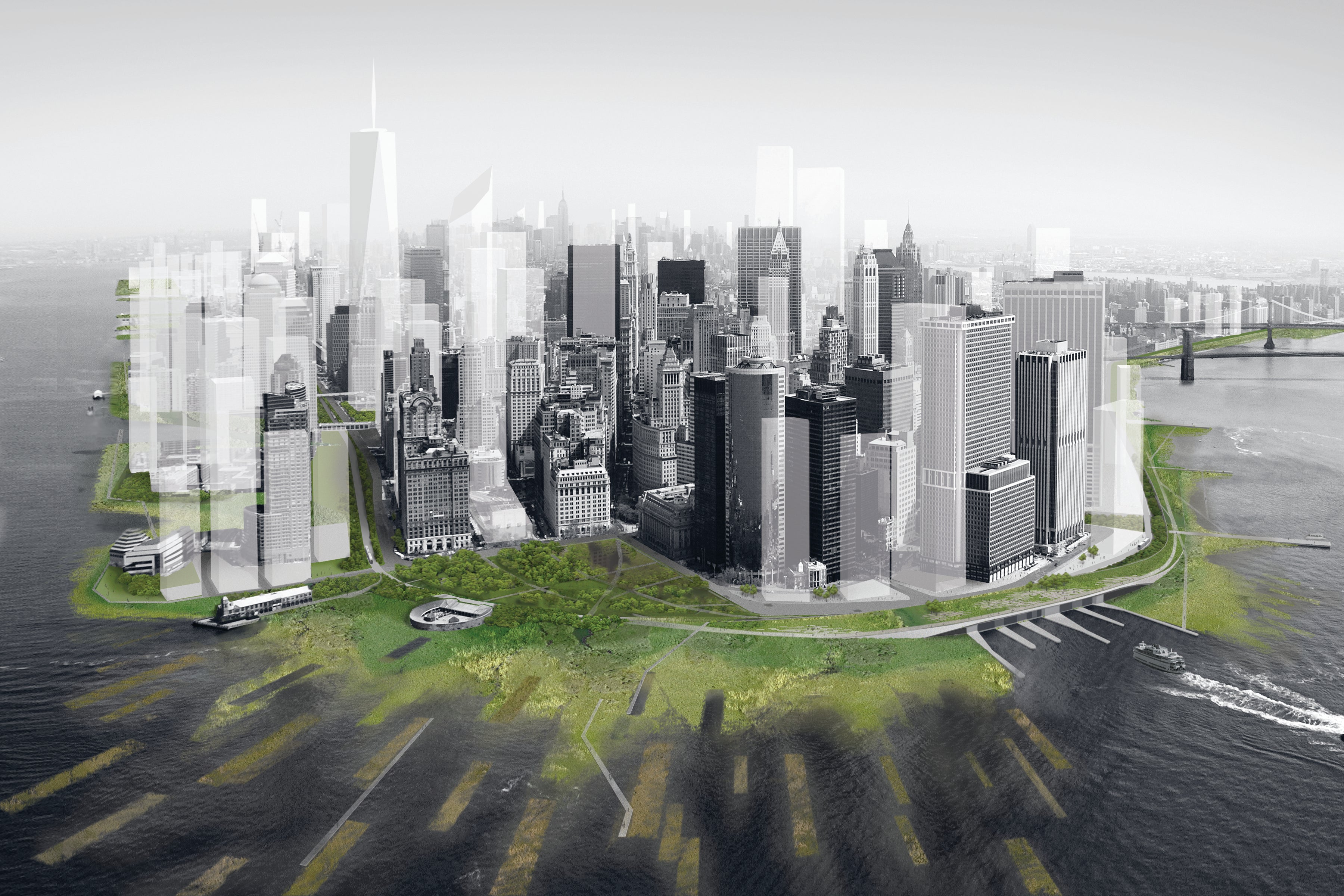 Three interrelated systems to block higher sea levels and mitigate storm surge force and flooding: a productive park network, freshwater wetlands, and tidal salt marshes