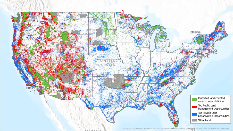 Map showing top public land management and conservation opportunities in America