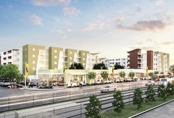 An architect's rendering shows a mixed-use condo development along Los Angeles' Metro Expo/Vermont rail line.