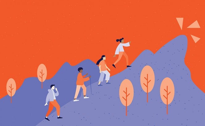Ilustración de tres personas subiendo una montaña.