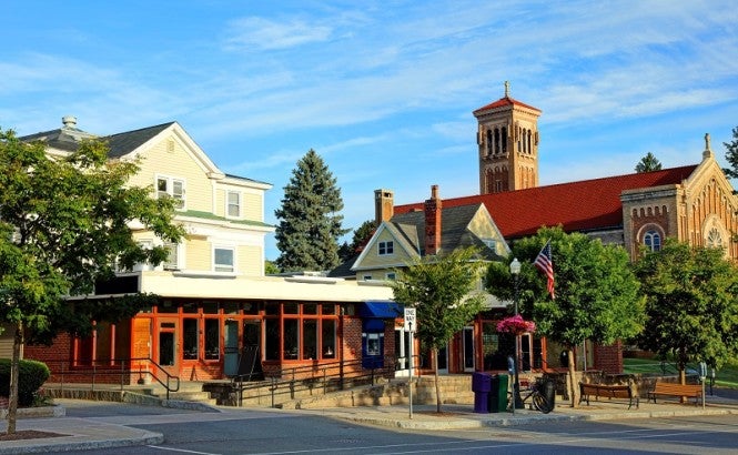 Buildings and blue sky in a New England town