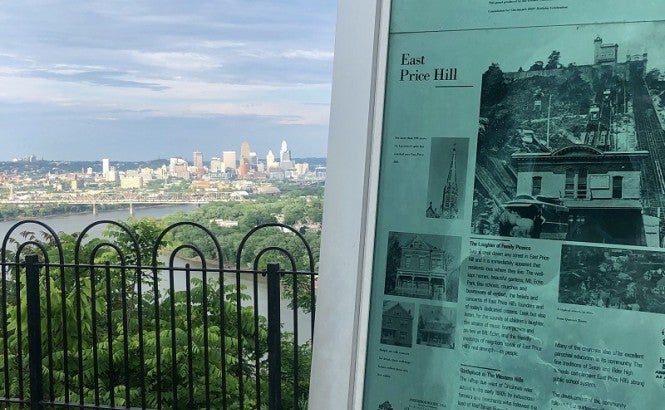 View of downtown Cincinnati from East Price Hill, with sign in foreground.