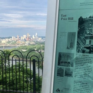 View of downtown Cincinnati from East Price Hill, with sign in foreground.