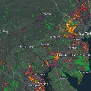 Map shows New Jersey, and parts of Maryland, Virginia, Delaware, Pennsylvania, New York, and Connecticut. Social and environmental data are highlighted by additional colors on the map.