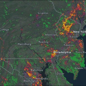 Map shows New Jersey, and parts of Maryland, Virginia, Delaware, Pennsylvania, New York, and Connecticut. Social and environmental data are highlighted by additional colors on the map.