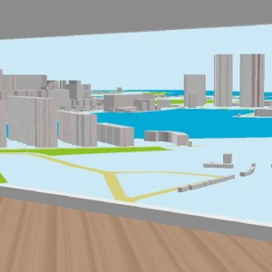 A virtual model shows the line of sight from inside an apartment toward a city skyline