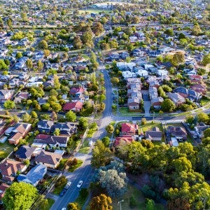 An aerial photo depicting a residential neighborhood.