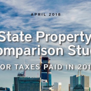 A skyline with the following words: 50 State Property Tax Comparison Study for Taxes Paid in 2017