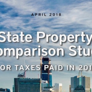 A skyline with the following words: 50 State Property Tax Comparison Study for Taxes Paid in 2017