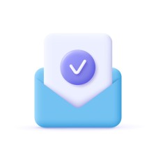 A picture of an open blue envelope with a white paper inside, and a purple circle on the paper with a white check mark on it.