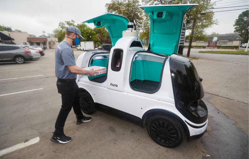 Nuro, an autonomous vehicle company founded by two former Google engineers, has partnered with companies including Domino’s, CVS, Walmart, and FedEx on delivery pilot projects in several U.S. states. Nuro, an autonomous vehicle company founded by two former Google engineers, has partnered with companies including Domino’s, CVS, Walmart, and FedEx on delivery pilot projects in several U.S. states.
