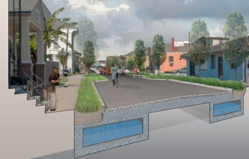 Ilustración muestra cómo el rediseño de calles con elementos como jardines pluviales y pavimento permeable puede ayudar a frenar y almacenar el agua pluvial.
