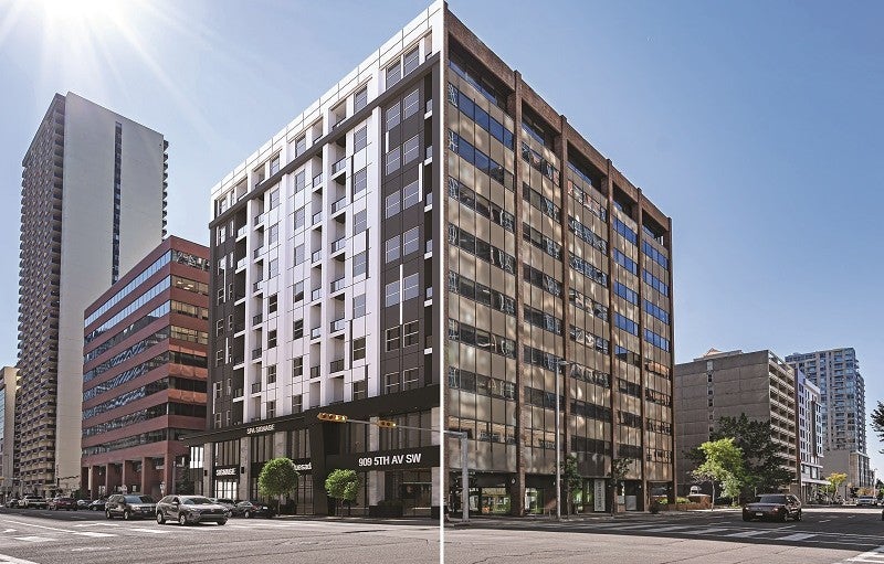 The Cornerstone by Peoplefirst Developments, an office-to-residential conversion in Calgary, Alberta. The Cornerstone by Peoplefirst Developments, an office-to-residential conversion in Calgary, Alberta.