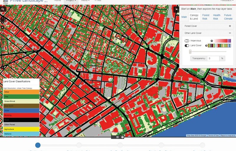 I-Tree satellite imagery showing the breakdown of land cover in Cambridge, Massachusetts Screenshot of i-Tree satellite imagery showing the breakdown of land cover in Cambridge, Massachusetts