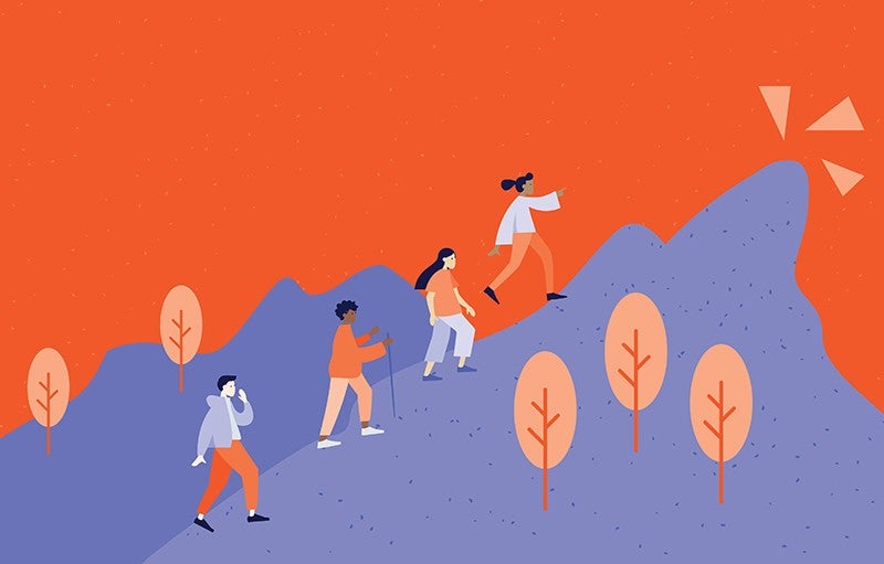 Ilustración de tres personas subiendo una montaña.