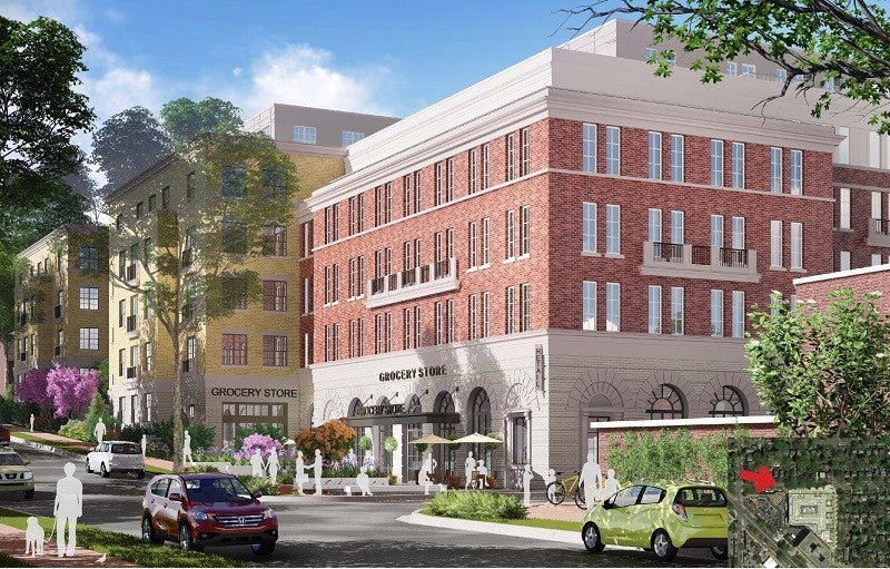 Rendering of a proposed mixed-use development in Rock Creek West, a wealthy area of Washington, DC.
