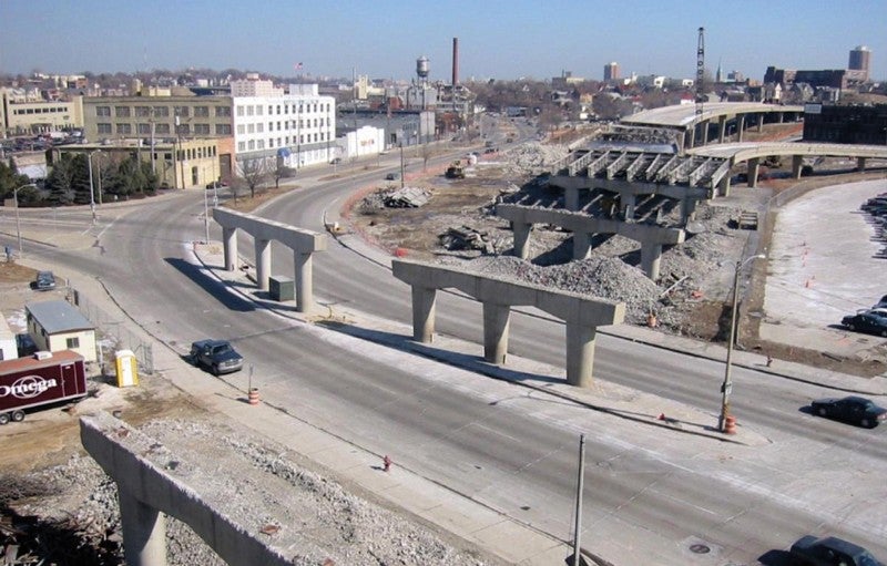 The 0.8-mile Park East Freeway spur in Milwaukee as it was being torn down. Credit: Courtesy of Congress for the New Urbanism.