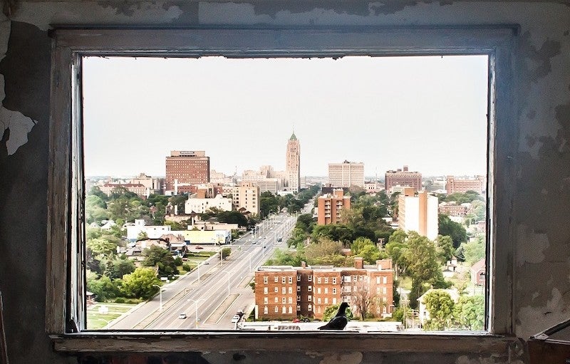A picture of a postcard of Detroit.
