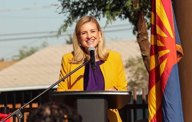 Mayor Kate Gallego speaks from a podium.