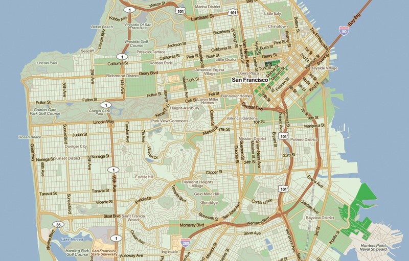 Mapa de San Francisco con áreas con bajos porcentajes de viviendas sociales indicadas en verde claro. Fuente: The Place Database Mapa de San Francisco con áreas con bajos porcentajes de viviendas sociales indicadas en verde claro.