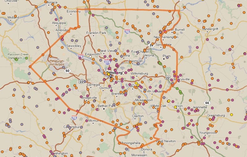 Map showing the location of structurally deficient bridges in Allegheny County, Pennsylvania