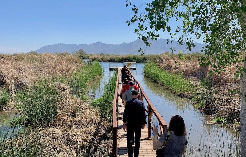 Several people are walking away from the camera on an elevated wooden walkway with a river in the foreground and mountains in the distance.