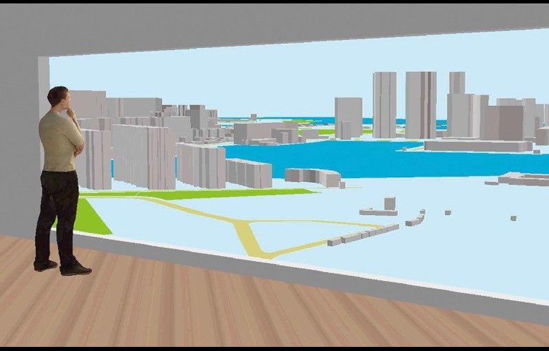 A virtual model shows the line of sight from inside an apartment toward a city skyline