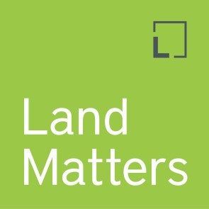 Land Matters Podcast Logo, a green square with the Lincoln Institute's logo and the text Land Matters 