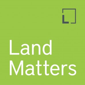 Land Matters Podcast Logo, a green square with the Lincoln Institute's logo and the text Land Matters