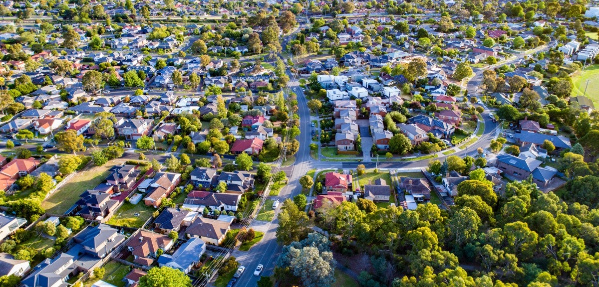 An aerial photo depicting a residential neighborhood.