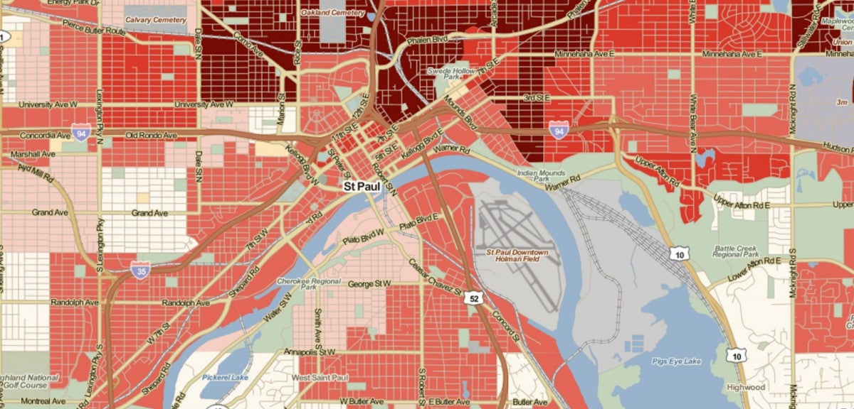 This map, created through The Place Database, shows housing affordability in Saint Paul, Minnesota This map, created through The Place Database, shows housing affordability in Saint Paul, Minnesota